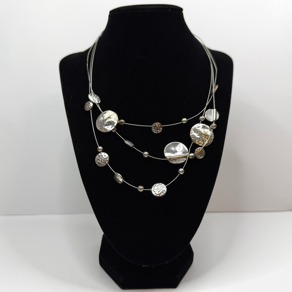 Multi Strand Necklace Wired Silver Tone Discs Beads Fashion Jewelry 17 in L